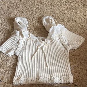 Zara Cream Ribbed Tie Front Blouse with Peter Pan Collar